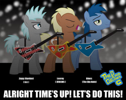 Size: 1240x994 | Tagged: safe, artist:trotsworth, blues, meadow song, noteworthy, twilight sky, earth pony, pegasus, pony, background pony, band, explorer, guitar, leeroy jenkins, leeroy wingkins, male, stallion, ziggy stardust