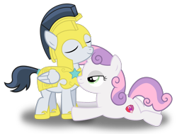 Size: 2040x1544 | Tagged: safe, artist:meandmyideas, rumble, sweetie belle, pony, armor, bedroom eyes, eyes closed, female, holding hooves, male, rumbelle, shipping, simple background, straight, transparent background, vector