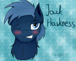 Size: 2834x2267 | Tagged: safe, artist:r0xyr0x, star hunter, pony, blushing, bust, colt, crossover, eyes closed, flirting, jack harkness, male, portrait, smiling, solo