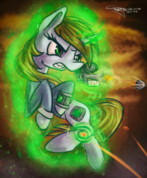 Size: 2486x3000 | Tagged: safe, artist:ferasor, oc, oc only, oc:littlepip, pony, unicorn, fallout equestria, clothes, cutie mark, fanfic, fanfic art, female, force field, glowing horn, gun, handgun, hooves, horn, levitation, little macintosh, magic, mare, optical sight, pipbuck, revolver, self-levitation, serious, serious face, shooting, solo, teeth, telekinesis, vault suit, weapon