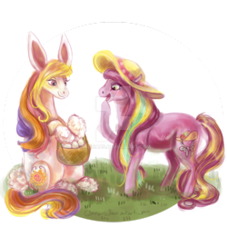 Size: 894x894 | Tagged: safe, artist:gloriaus, sunny daze (g3), pony, g3, bashful bonnet, basket, bunny ears, easter, egg, g3betes, hat, holiday, simple background, transparent background