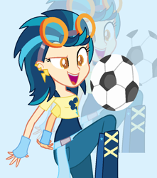 Size: 937x1061 | Tagged: safe, artist:xxkerrysweetxx, indigo zap, equestria girls, alternate universe, ball, blue background, boots, clothes, ear piercing, earring, female, fingerless gloves, football, gloves, goggles, jewelry, piercing, simple background, solo, zoom layer