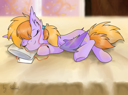 Size: 1707x1280 | Tagged: safe, artist:kaliner123, oc, oc only, bat pony, pony, bat pony oc, bed, phone, sleeping, solo