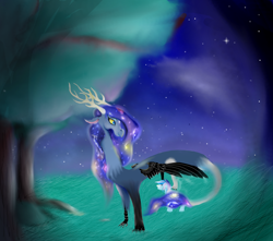 Size: 3096x2736 | Tagged: safe, draconequus, pony, hair, night, space hair, stars, surprised, tree