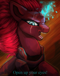 Size: 1024x1299 | Tagged: safe, artist:ognevitsa, tempest shadow, pony, my little pony: the movie, broken horn, magic, open up your eyes, solo, sparking horn