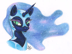 Size: 800x595 | Tagged: safe, artist:melindaington, nightmare moon, bust, colored pencil drawing, portrait, simple background, solo, traditional art