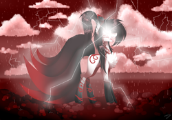 Size: 3600x2500 | Tagged: safe, artist:huirou, oc, oc only, pony, chest fluff, female, glowing eyes, high res, kitsune, lightning, mare, ponified, rain, solo