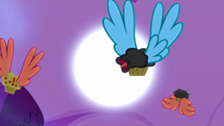 Size: 1920x1080 | Tagged: safe, screencap, duck, pony, do princesses dream of magic sheep, flying, food, full moon, honk, moon, muffin, open mouth, tongue out, winged muffin, wings