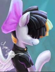 Size: 669x884 | Tagged: safe, artist:treesway, songbird serenade, my little pony: the movie, bow, clothes, gradient background, hair over eyes, open mouth, raised hoof, solo, wings