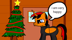 Size: 2560x1440 | Tagged: safe, artist:phenioxflame, oc, oc only, alicorn, pony, alicorn oc, base used, christmas, christmas tree, red and black oc, solo, speech bubble, tree