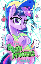 Size: 647x1000 | Tagged: safe, artist:sophillia, twilight sparkle, twilight sparkle (alicorn), alicorn, pony, bipedal, clothes, cutie mark, fresh princess of friendship, graffiti, hat, mane 6 cutie marks, shirt, solo, t-shirt, the fresh prince of bel-air