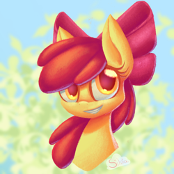 Size: 2048x2048 | Tagged: safe, artist:silviasilvar, apple bloom, pony, adorabloom, bust, cute, looking at you, smiling, solo