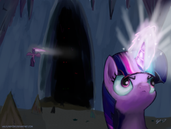 Size: 1280x960 | Tagged: safe, artist:halflingpony, twilight sparkle, twilight sparkle (alicorn), alicorn, pony, atg 2017, cave, darkness, glowing eyes, glowing horn, magic, newbie artist training grounds