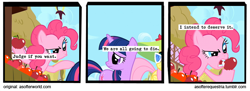 Size: 720x261 | Tagged: safe, artist:asofterequestria, edit, edited screencap, screencap, fluttershy, pinkie pie, twilight sparkle, earth pony, pegasus, pony, comic:a softer equestria, green isn't your color, a softer world, apple, comic, eating, food, screencap comic