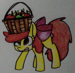 Size: 596x581 | Tagged: safe, artist:rozzertrask, apple bloom, earth pony, pony, apple bloom's bow, basket, bow, female, filly, gritted teeth, hair bow, simple background, solo, traditional art