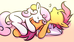 Size: 1279x721 | Tagged: safe, artist:replacer808, scootaloo, sweetie belle, pegasus, pony, unicorn, blank flank, cuddling, female, filly, pillow, simple background, sleeping