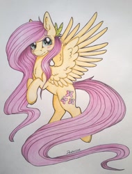 Size: 1024x1348 | Tagged: safe, artist:dexterisse, derpibooru import, fluttershy, pegasus, pony, blushing, chest fluff, flying, simple background, solo, traditional art