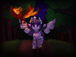 Size: 2000x1500 | Tagged: safe, artist:confetticakez, twilight sparkle, twilight sparkle (alicorn), oc, oc:shadow sky, oc:twibot sparker, alicorn, phoenix, pony, robot, robot pony, big crown thingy, forest, grass, jewelry, night, night sky, path, princess twibot, regalia, tree, twibot