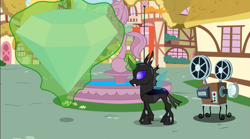 Size: 1153x643 | Tagged: safe, changeling, diamond, film projector, flagpole, fountain, ponyville