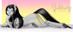 Size: 3300x1473 | Tagged: safe, artist:noodlefreak88, oc, oc only, oc:klavinova, earth pony, pony, beautiful, beauty mark, blushing, commission, dock, female, looking at you, lying down, mare, one eye closed, pose, prone, side view, signature, smiling, smiling at you, solo, stupid sexy klavinova, wink, winking at you