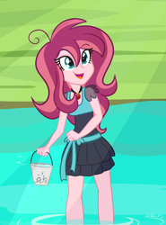 Size: 1024x1382 | Tagged: safe, artist:wubcakeva, oc, oc only, oc:contralto, equestria girls, bucket, clothes, disguised siren, female, gem, open mouth, river, siren gem, smiling, solo, water