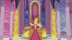 Size: 1920x1080 | Tagged: safe, screencap, daybreaker, alicorn, pony, a royal problem, evil laugh, female, fire, mane of fire, mare, stained glass, throne, throne room