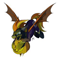 Size: 2008x2000 | Tagged: safe, artist:hexfloog, oc, oc only, oc:blaze (shadowbolt), bat pony, clothes, commission, costume, fangs, halloween, holiday, jack-o-lantern, male, pumpkin, shadowbolts, shadowbolts costume, simple background, solo, spread wings, stallion, transparent background, wings