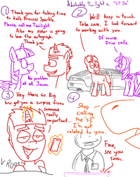 Size: 1280x1611 | Tagged: safe, artist:adorkabletwilightandfriends, twilight sparkle, twilight sparkle (alicorn), oc, oc:javan, alicorn, pony, comic:adorkable twilight and friends, adorkable twilight, car, comic, generic pony, lineart, phone, simple background, slice of life, smartphone