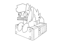 Size: 1558x1116 | Tagged: safe, artist:capital-asterisk, oc, oc only, oc:semantic airor, pegasus, pony, :3, brainfuck, computer, cute, incomplete, leaning, lineart, monochrome, mouth hold, nom, over complex cutie mark, random access memory, smiling, solo