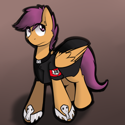 Size: 750x750 | Tagged: safe, artist:conmanwolf, scootaloo, pony, fanfic:rainbow factory, ask factory scootaloo, clothes, factory scootaloo, solo