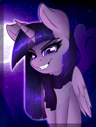 Size: 1072x1421 | Tagged: safe, artist:duop-qoub, twilight sparkle, twilight sparkle (alicorn), alicorn, abstract background, clothes, descended twilight, female, fluffy, grin, mare, moon, scarf, smiling, solo