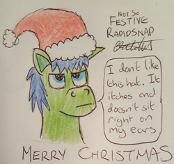 Size: 960x905 | Tagged: safe, artist:rapidsnap, oc, oc only, oc:rapidsnap, earth pony, pony, :, bust, christmas, complaining, dialogue, floppy ears, grumpy, hat, looking up, male, merry christmas, portrait, santa hat, solo, stallion, traditional art