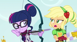 Size: 1400x779 | Tagged: safe, screencap, applejack, sci-twi, twilight sparkle, equestria girls, friendship games, archery, crying