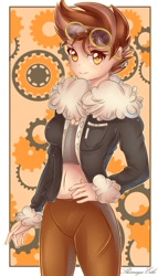 Size: 676x1183 | Tagged: safe, alternate version, artist:shimayaeiko, edit, oc, oc only, oc:cirrus mist, human, amber eyes, belly button, bomber jacket, clothes, female, feminism, fluffy, gears, goggles, hand on hip, humanized, humanized oc, jacket, midriff, smiling, solo, steampunk