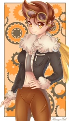 Size: 676x1183 | Tagged: safe, alternate version, artist:shimayaeiko, oc, oc only, oc:cirrus mist, human, amber eyes, belly button, bomber jacket, clothes, female, feminism, fluffy, gears, goggles, hand on hip, humanized, humanized oc, jacket, looking at you, midriff, prosthetic wing, smiling, solo, steampunk