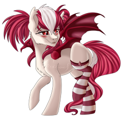 Size: 1024x983 | Tagged: safe, artist:crecious, oc, oc only, oc:ruby skies, bat pony, pony, clothes, fangs, socks, solo, striped socks