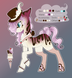 Size: 1190x1284 | Tagged: safe, artist:monogy, oc, oc only, oc:sundae surprise, food pony, ice cream pony, original species, fishnet stockings, food, hat, ice cream, reference sheet, solo