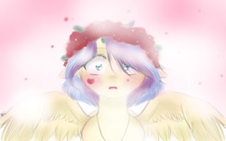 Size: 1133x706 | Tagged: safe, artist:arainiax, oc, oc only, pegasus, pony, blushing, female, floral head wreath, flower, looking at you, mare, solo, spread wings