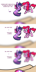 Size: 900x1798 | Tagged: safe, artist:justagirlonline, pinkie pie, twilight sparkle, earth pony, pony, ask, ask cute twinkie pie, crying, female, lesbian, neck bow, scroll, shipping, tumblr, twinkie