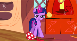 Size: 1360x730 | Tagged: safe, screencap, twilight sparkle, pony, dragon quest, 3:, bindle, golden oaks library, knapsack, magic, solo, wavy mouth