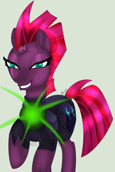 Size: 1744x2600 | Tagged: safe, artist:castelainmlp, tempest shadow, pony, unicorn, my little pony: the movie, armor, broken horn, eye scar, female, mare, scar, simple background, smiling, solo