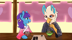 Size: 1920x1080 | Tagged: safe, artist:anonymous, oc, oc only, oc:roxy impelheart, griffon, pony, chopsticks, clothes, eating, female, food, japan, kimono (clothing), male, mare, noodles, oc x oc, ramen, shipping, straight