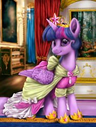 Size: 1500x2000 | Tagged: dead source, safe, artist:rossignolet, twilight sparkle, twilight sparkle (alicorn), alicorn, pony, clothes, coronation dress, crown, dress, element of magic, female, looking at you, mare, regalia, smiling, solo