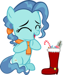 Size: 4157x4988 | Tagged: safe, artist:ironm17, petunia paleo, earth pony, pony, absurd resolution, boot, candy, candy cane, christmas, clothes, eyes closed, female, filly, food, happy, holiday, santa boots, scarf, simple background, solo, transparent background, vector