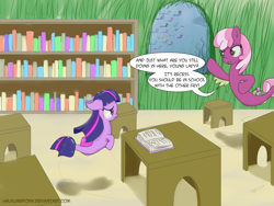 Size: 1280x960 | Tagged: safe, artist:halflingpony, cheerilee, twilight sparkle, seapony (g4), alternate universe, atg 2017, dialogue, duo, newbie artist training grounds, pun, recess, school, seaponified, seapony cheerilee, seapony twilight, solo, species swap