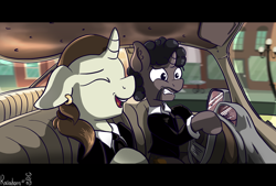 Size: 1280x866 | Tagged: safe, artist:rainihorn, pony, car, clothes, driving, ear piercing, eyes closed, john travolta, jules winnfield, movie reference, open mouth, piercing, ponified, pulp fiction, samuel l jackson, suit, vehicle, vincent vega