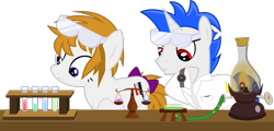 Size: 1481x712 | Tagged: safe, artist:xenoneal, oc, oc only, oc:butcher knife, oc:windwhirl, earth pony, pony, unicorn, .svg available, boiler, chemistry, clothes, female, flask, lab coat, lantern, male, mare, scale, science, simple background, stallion, svg, test tube, transparent background, vector, watch