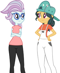 Size: 3565x4287 | Tagged: safe, artist:ironm17, fresh coat, north point, equestria girls, cap, clothes, crossed arms, equestria girls-ified, female, glasses, hand on hip, hat, looking at each other, overalls, shirt, simple background, smiling, t-shirt, transparent background, vector