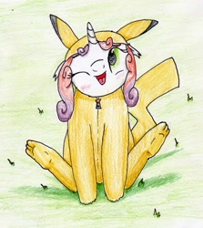 Size: 1932x2168 | Tagged: safe, artist:40kponyguy, derpibooru exclusive, sweetie belle, pikachu, unicorn, blushing, cute, female, filly, floppy ears, laughing, looking up, one eye closed, onesie, pokémon, solo, traditional art, zipper