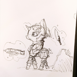 Size: 1440x1442 | Tagged: safe, artist:tjpones, oc, oc only, pony, unicorn, armor, ear fluff, grayscale, gun, knife, magic, monochrome, solo, telekinesis, traditional art, weapon